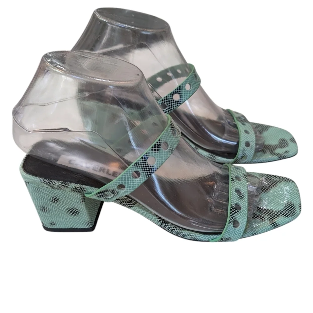 Caverley Slip-On Mule Sandal Green Leather Slide Double Straps Block Heel 37 7